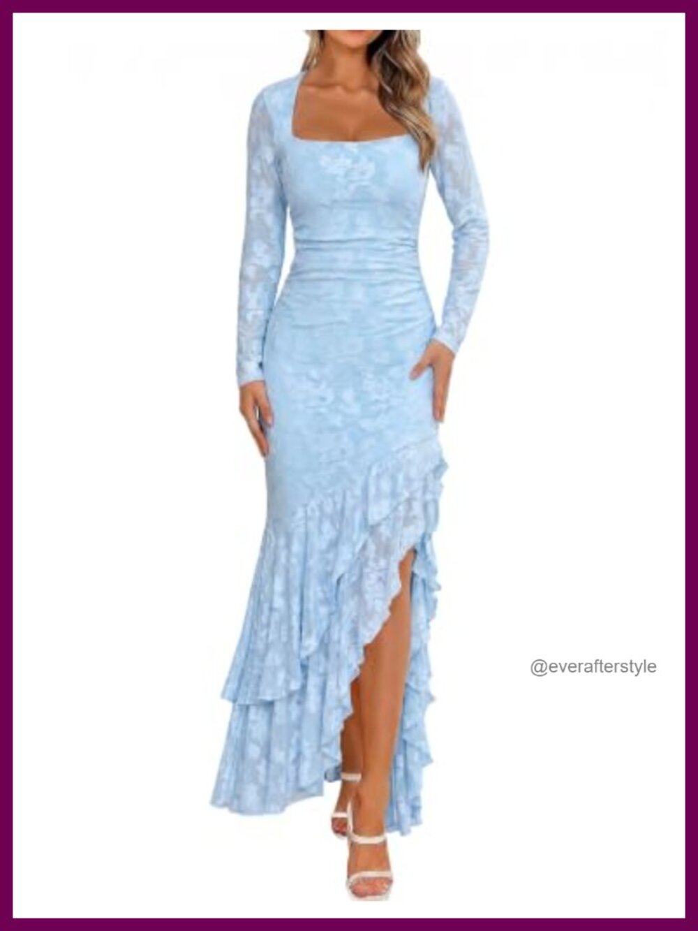 Women's Long Sleeve Mesh Maxi Dress Square Neck High Slit Tiered Ruffle